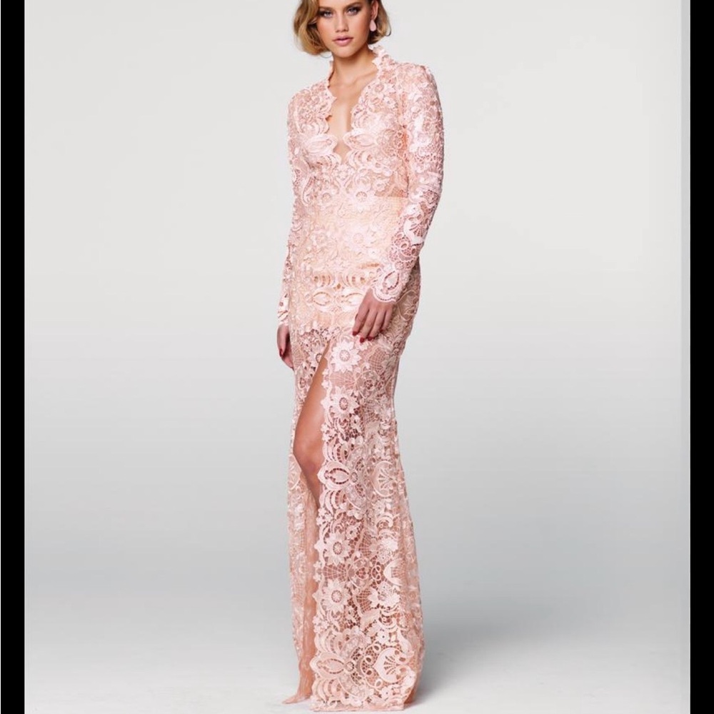 Tarik Ediz Blush Lace Long Sleeve Gown